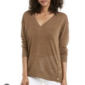 Jcrew v neck linen sweater blend with side buttons - like new xs